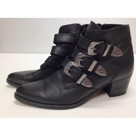 ASOS Shoes - ASOS Black Leather Silver Buckle Boots Booties With Heel Women’s Size 10